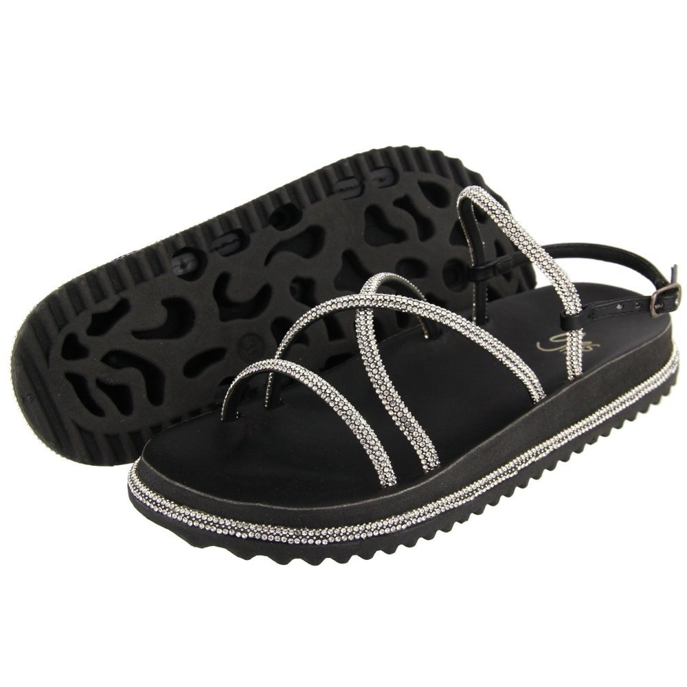 Sandalia Papete Rasteira Feminina Verão Tiras de Brilho e Fivela Sola Leve Dia a Dia Preto 2