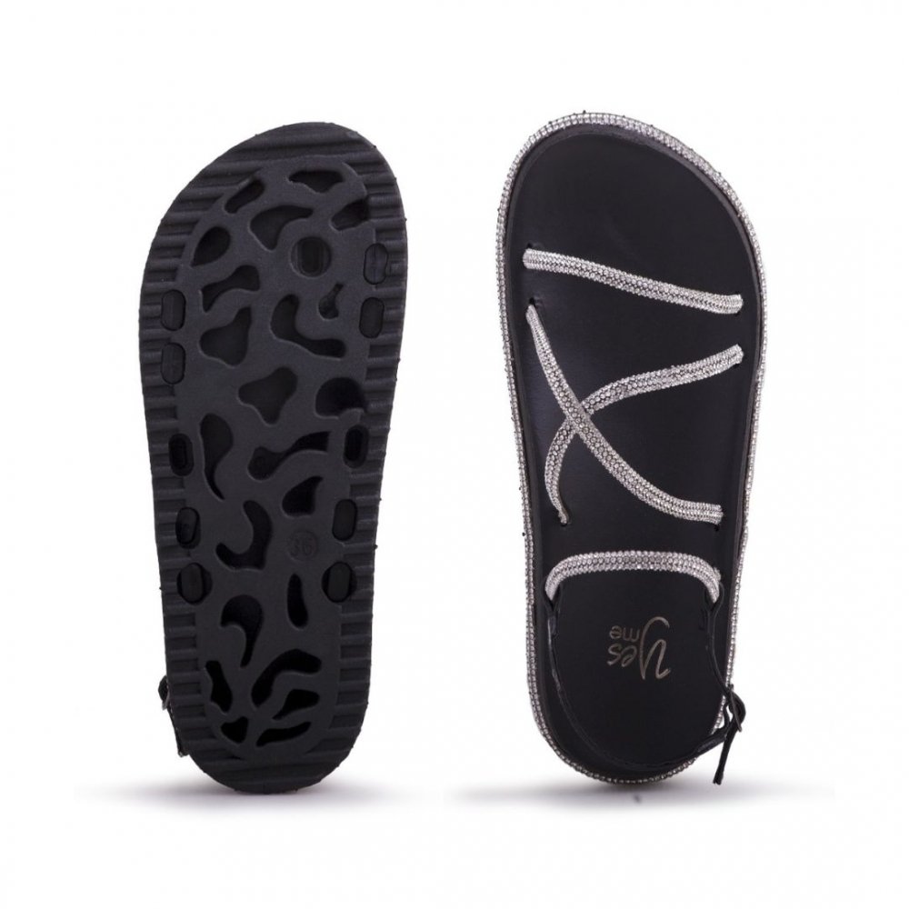 Sandalia Papete Rasteira Feminina Verão Tiras de Brilho e Fivela Sola Leve Dia a Dia Preto 4