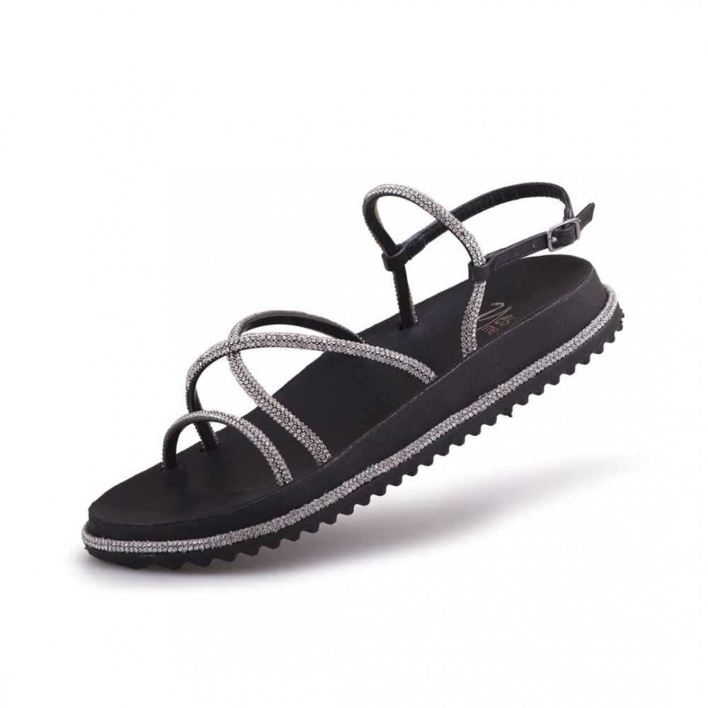 Sandalia Papete Rasteira Feminina Verão Tiras de Brilho e Fivela Sola Leve Dia a Dia Preto 5