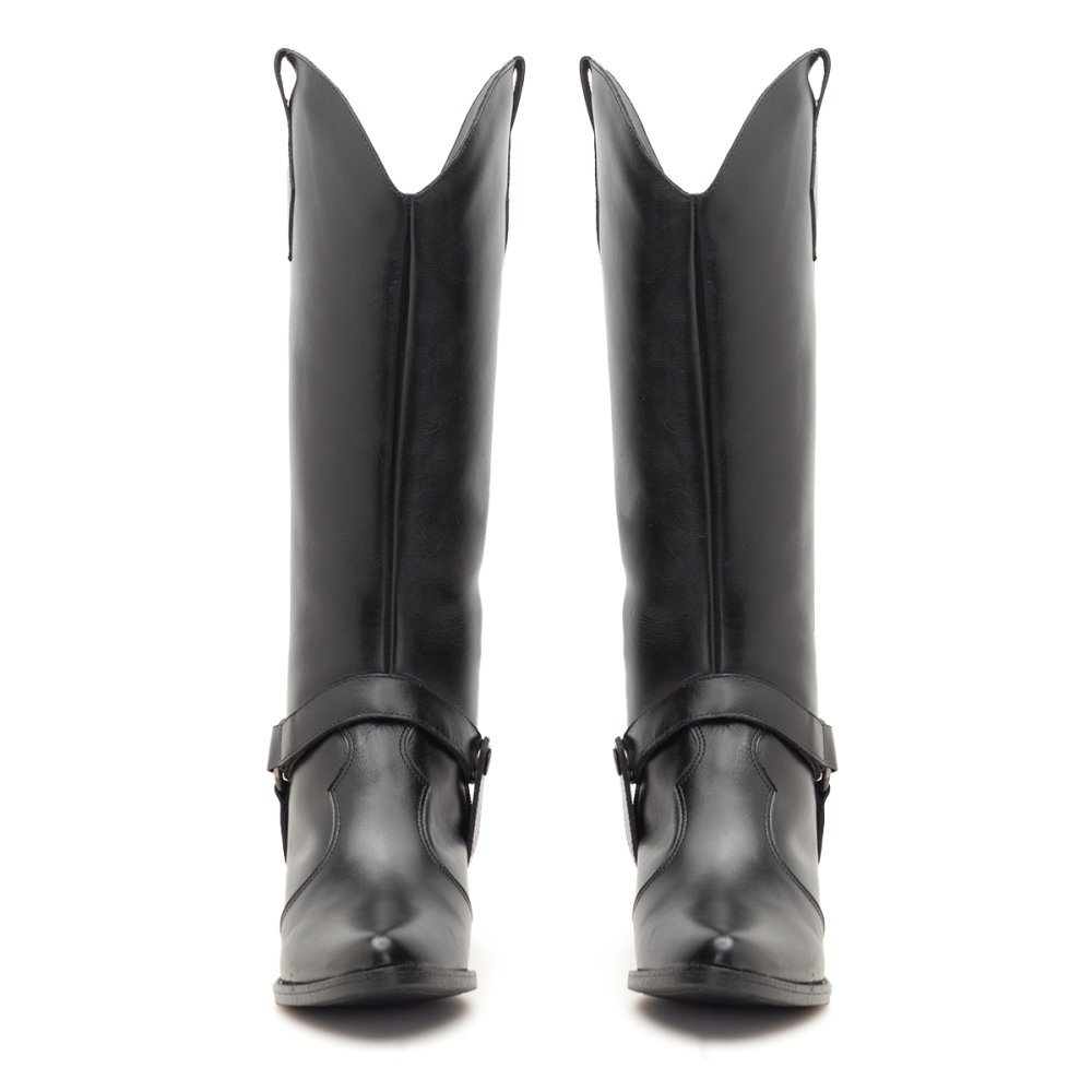 Bota Western Texana Couro Feminino 2 em 1 Capa Cano Alto Moda Country Resistente Confortável Preto 5