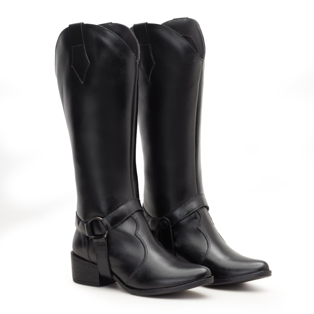 Bota Western Texana Couro Feminino 2 em 1 Capa Cano Alto Moda Country Resistente Confortável Preto 6