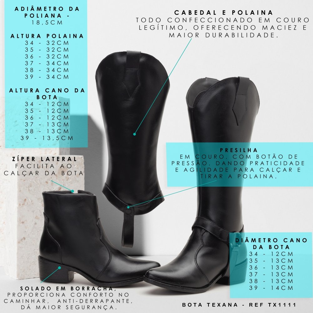 Bota Western Texana Couro Feminino 2 em 1 Capa Cano Alto Moda Country Resistente Confortável Preto 7