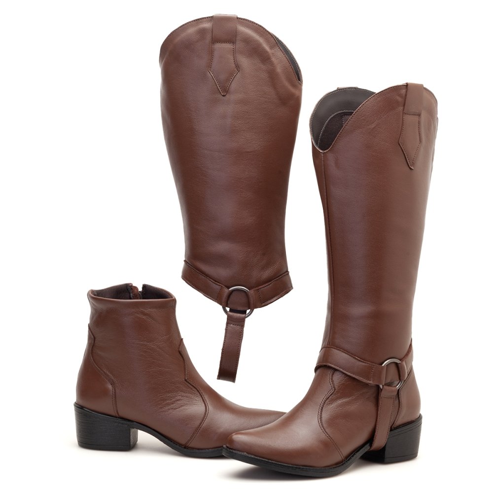 Bota Western Texana Couro Feminino 2 em 1 Capa Cano Alto Moda Country Resistente Confortável Marrom 1
