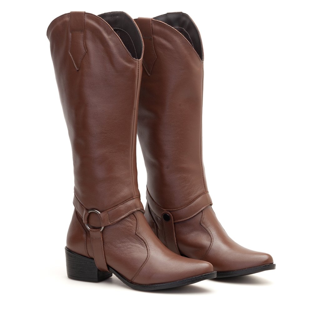 Bota Western Texana Couro Feminino 2 em 1 Capa Cano Alto Moda Country Resistente Confortável Marrom 4