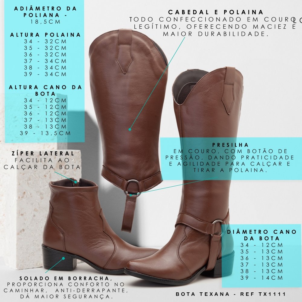 Bota Western Texana Couro Feminino 2 em 1 Capa Cano Alto Moda Country Resistente Confortável Marrom 7