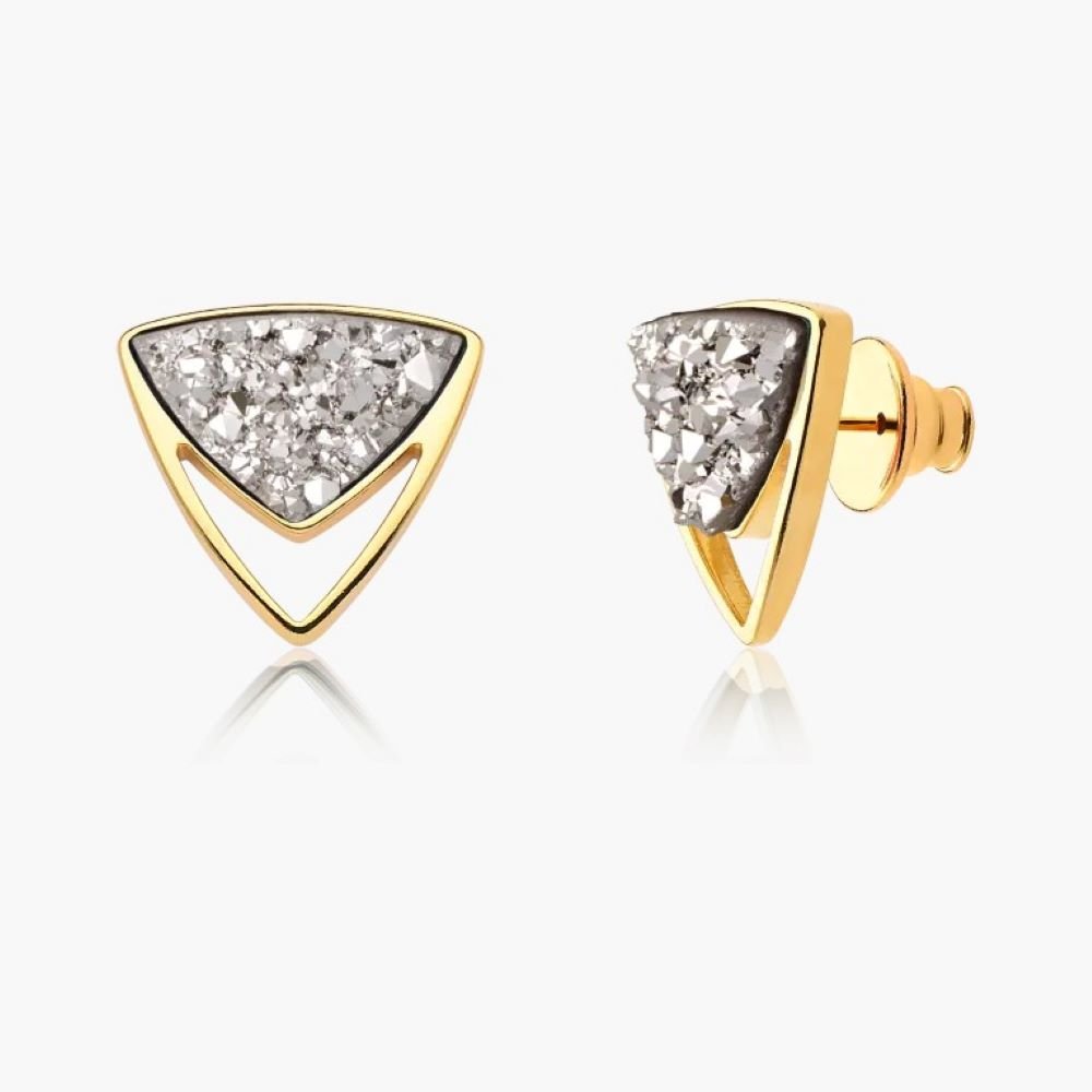 Brinco Geométrico com Pedra Natural Drusa Semijoia Banhado a Ouro 18k Ania Store Dourado 1