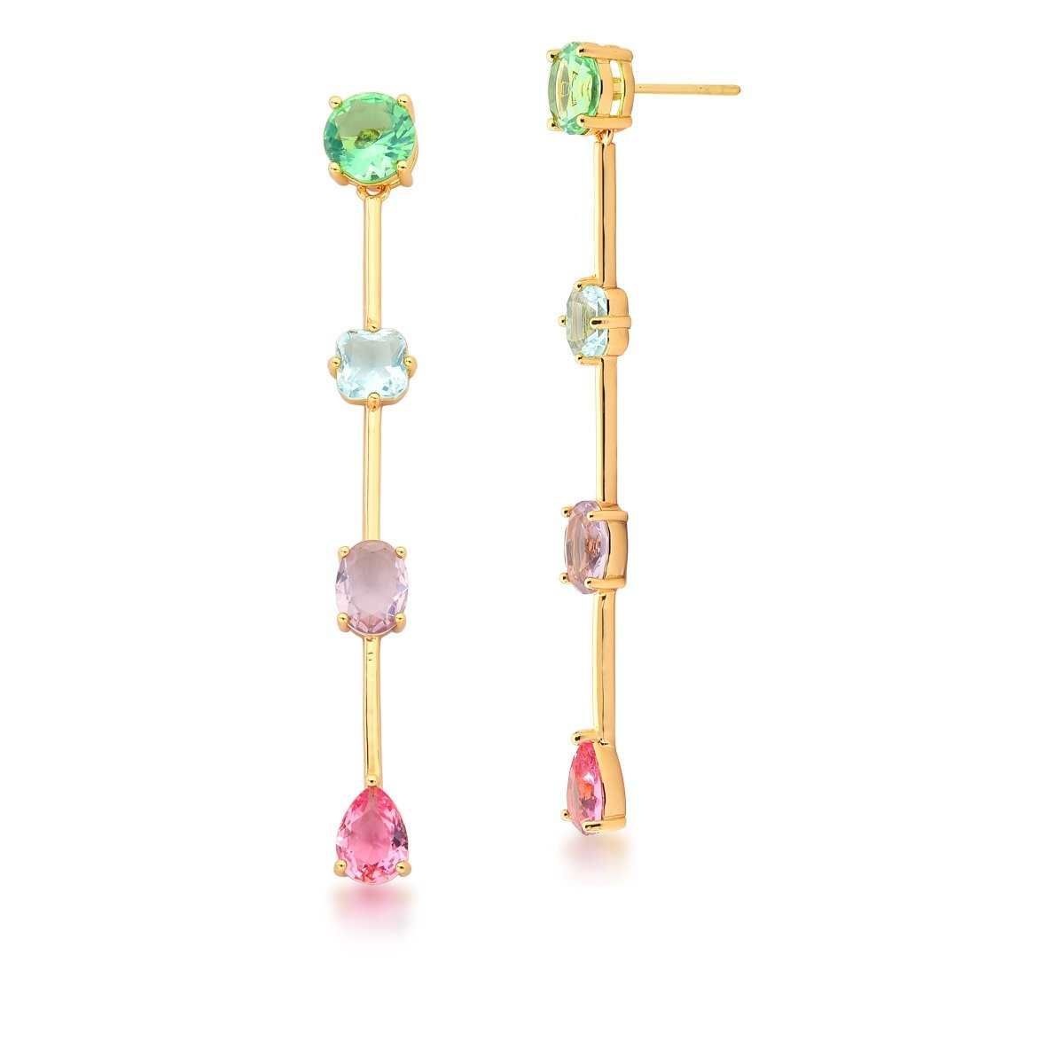 Brinco Pendente com Cristais Coloridos Semijoia Banhado a Ouro 18K Selena Dourado 1