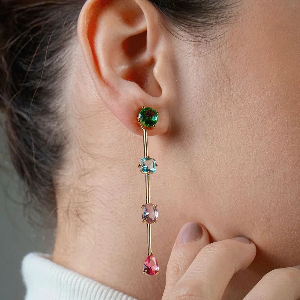 Brinco Pendente com Cristais Coloridos Semijoia Banhado a Ouro 18K Ania Store Dourado 2