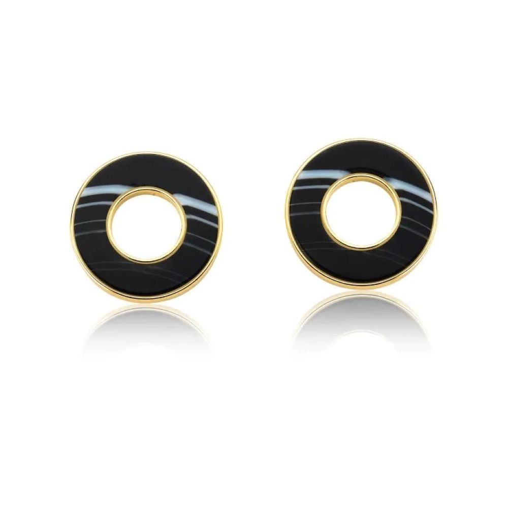 Brinco Redondo Vazado Pedra Natural Ágata Preta Semijoia Banhado a Ouro 18K Ania Store Preto 1