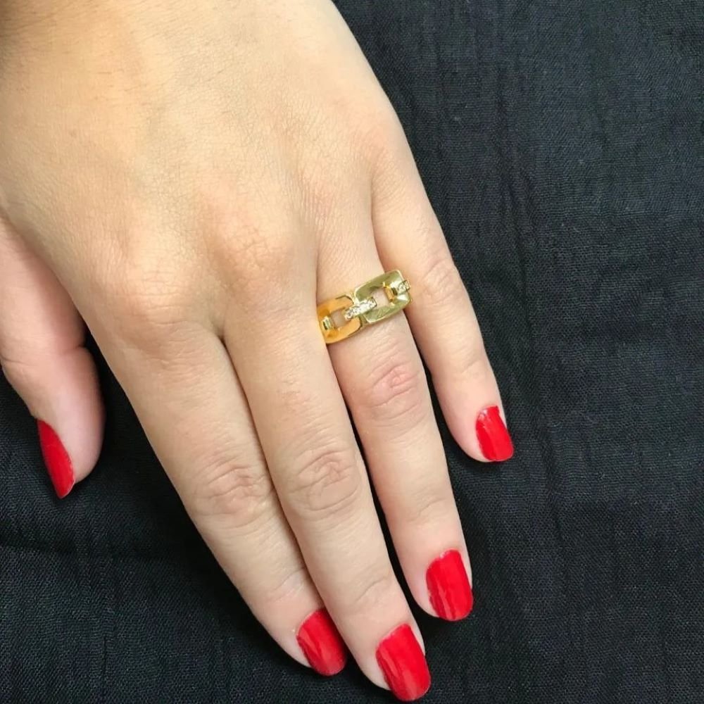 Anel Sextavado com Elos e Zircônias Semijoia Banhado a Ouro 18K Ania Store Dourado 2