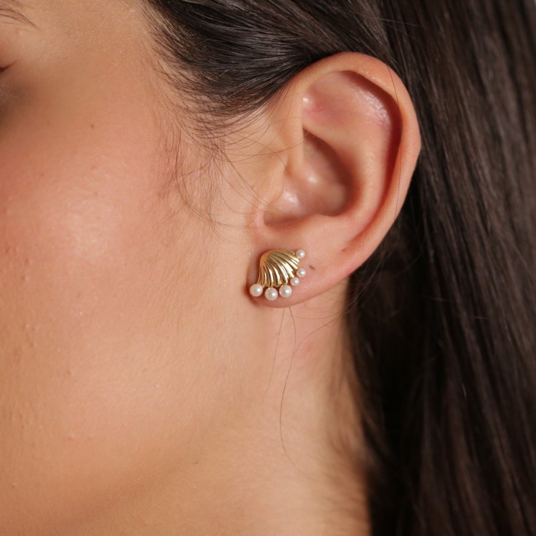 Brinco Pérolas Dourado Concha Ania Store Atena Banhado a Ouro Dourado 3