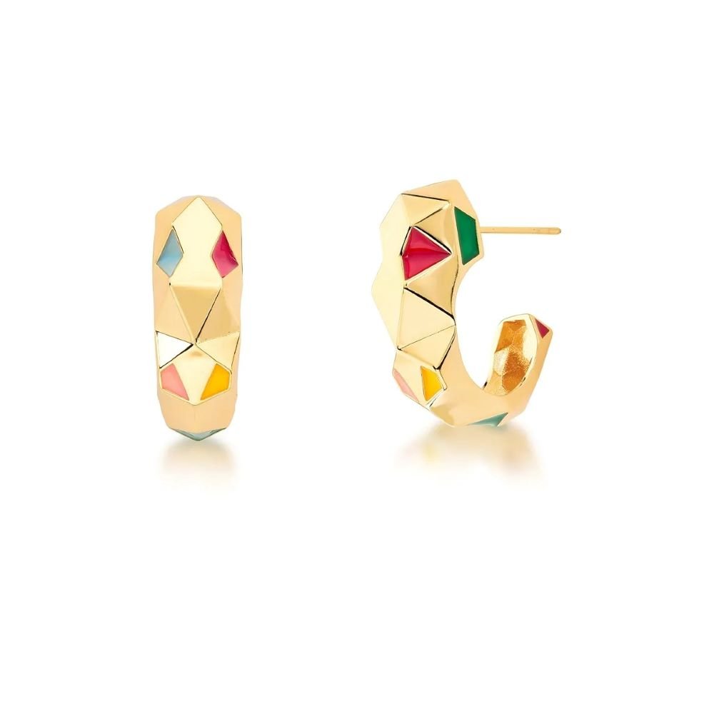 Brinco Meia Argola Cubista Esmaltado Semijoia Banhado a Ouro 18K Ania Store Dourado 1