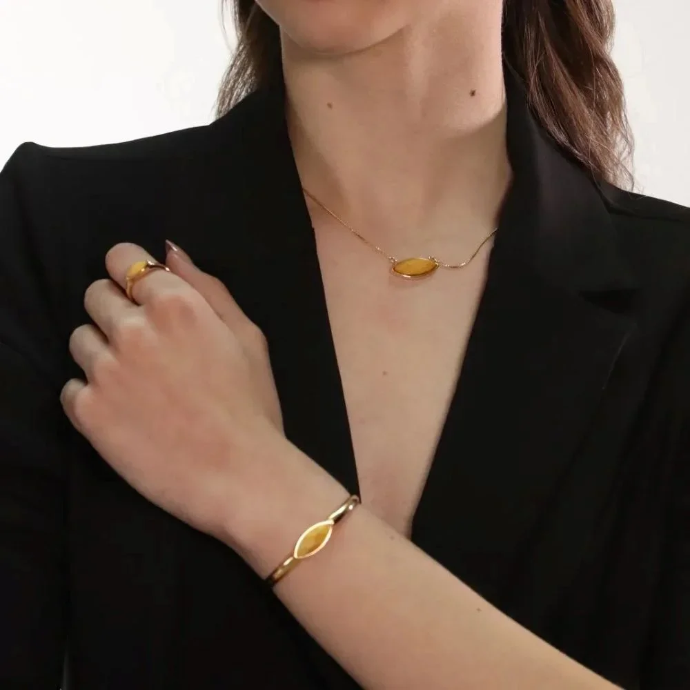 Anel Ajustável com Pedra Feldspato Amarelo Semijoia Banhado a Ouro 18k Ania Store Dourado 3