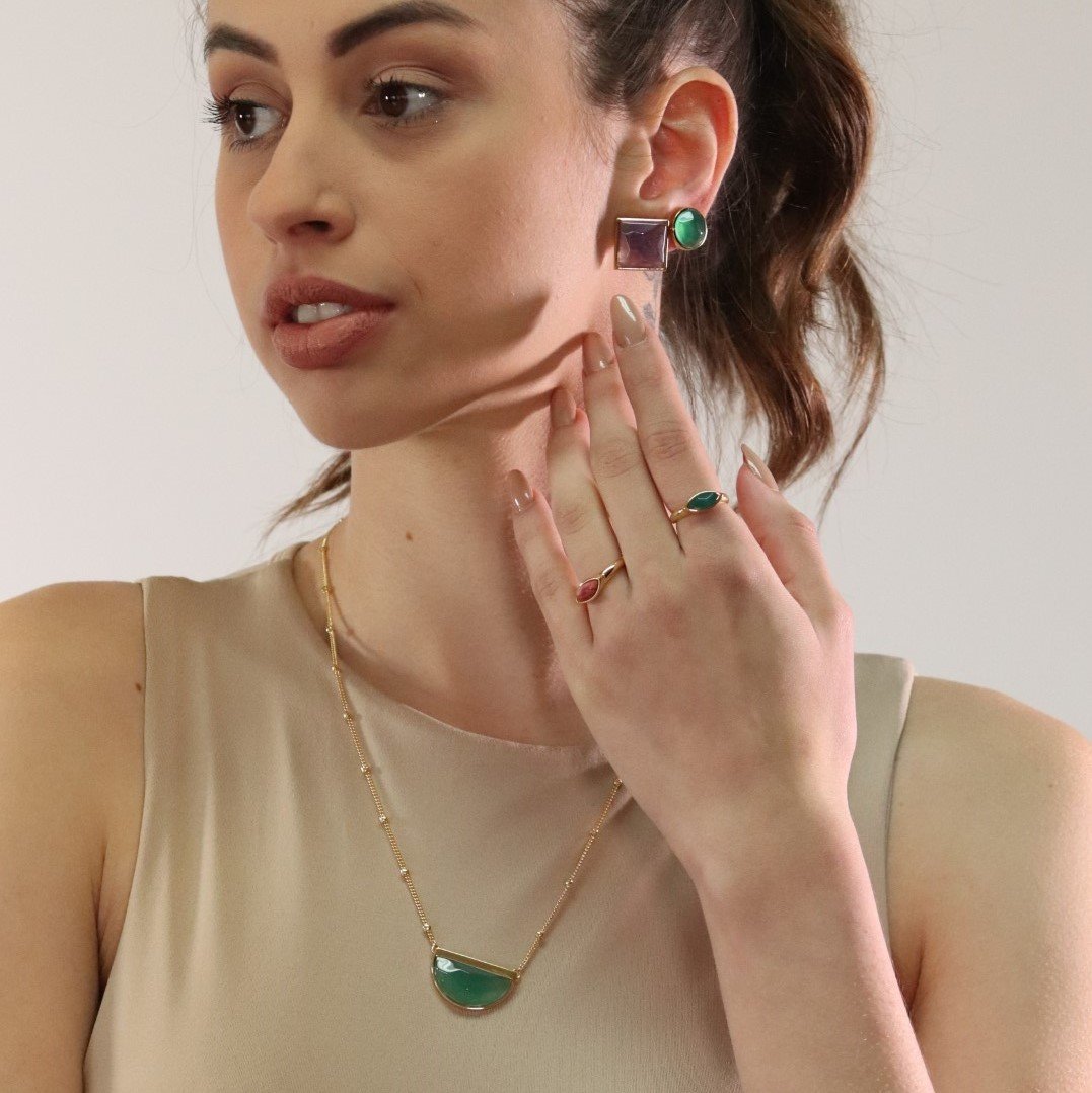 Brinco Redondo Dourado Ania Store Isabel Ágata Verde Banhado a Ouro 18k Dourado 2