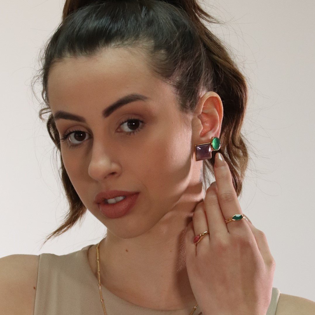 Brinco Redondo Dourado Ania Store Isabel Ágata Verde Banhado a Ouro 18k Dourado 3