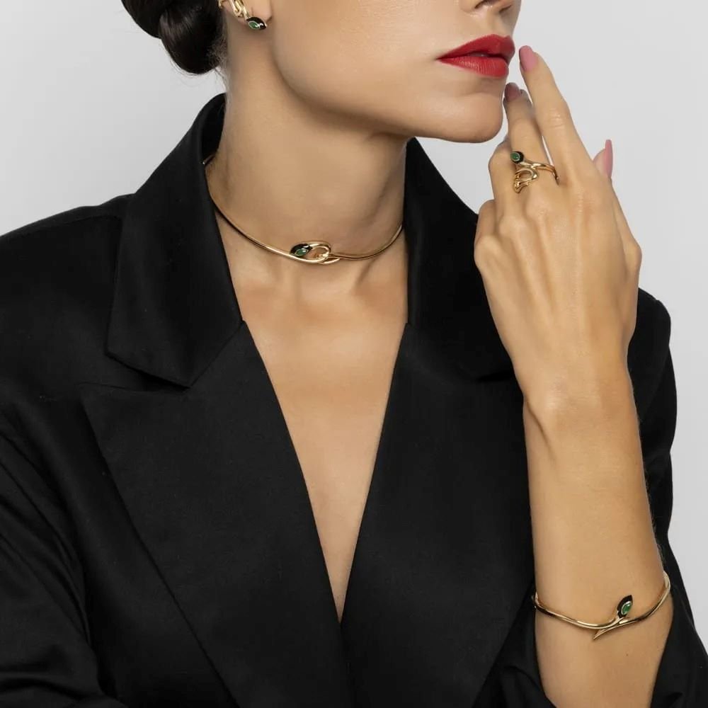 Bracelete Serpente Dourado Afrodite Cabochão Verde Banhado a Ouro Ania Store Dourado 2