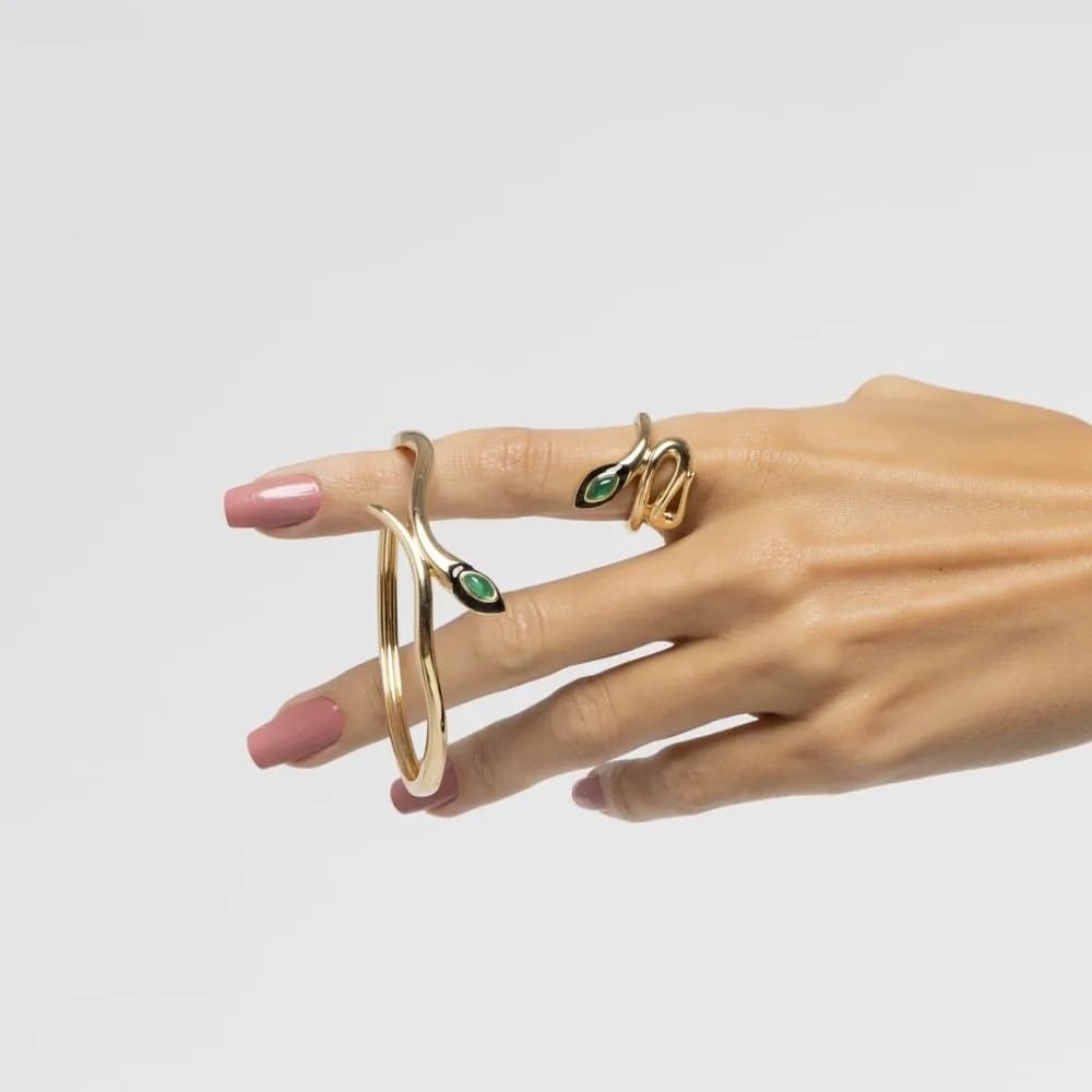 Bracelete Serpente Dourado Afrodite Cabochão Verde Banhado a Ouro Ania Store Dourado 3