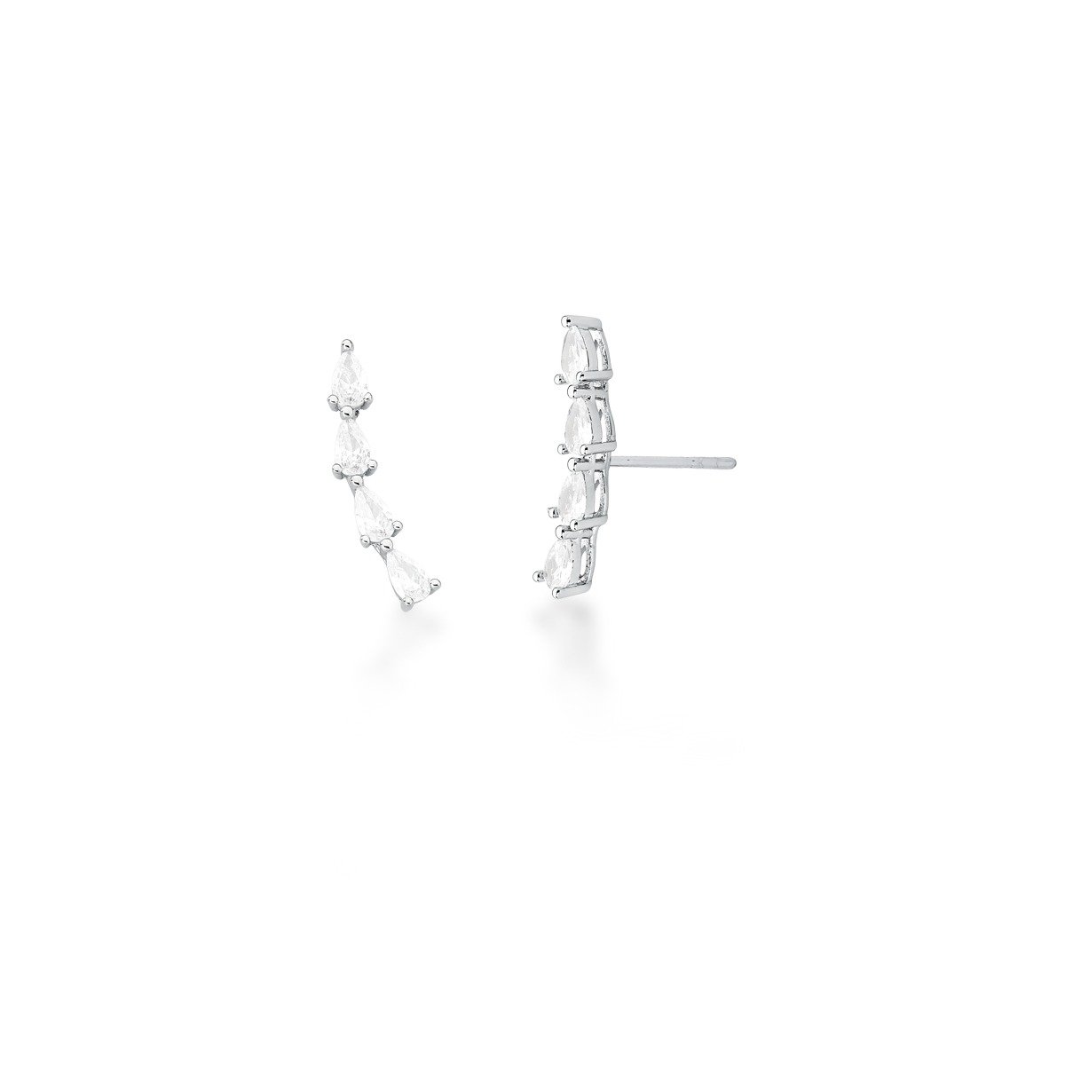 Brinco Ear Cuff Gotas Zircônias Semijoia Banhado a Ródio Branco Atena Cinza 1