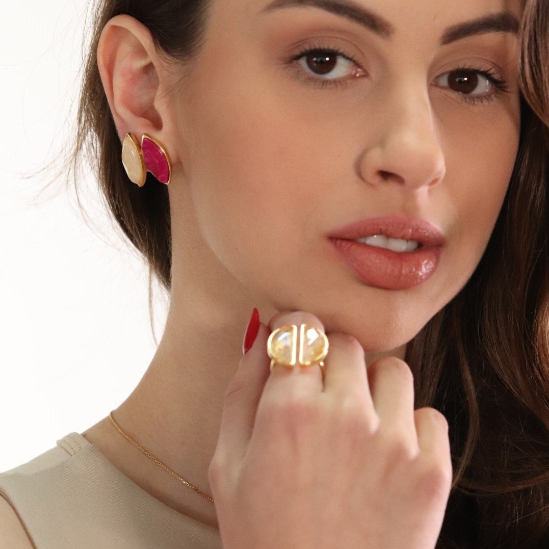 Brinco Navete Pedra Natural Citrino Semijoia Banhado a Ouro 18k Sofia Rosa 3