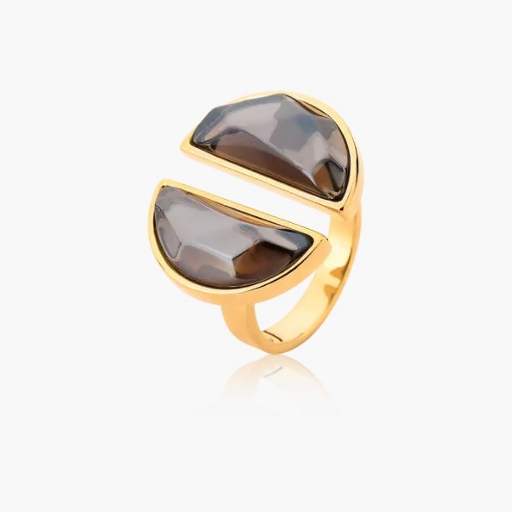 Anel Meia Lua com Pedra Natural Quartzo Semijoia Banhado a Ouro 18k Ania Store Dourado 1