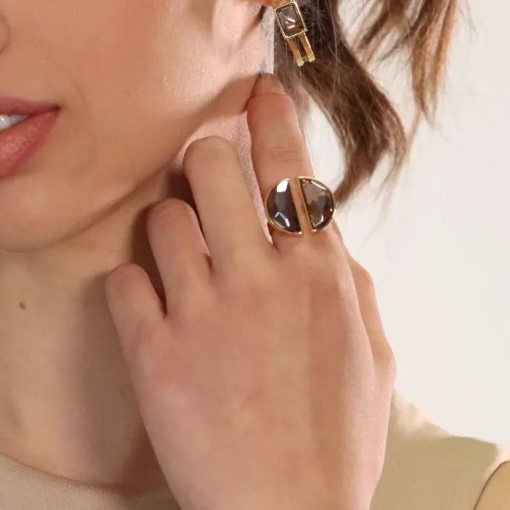 Anel Meia Lua com Pedra Natural Quartzo Semijoia Banhado a Ouro 18k Ania Store Dourado 2