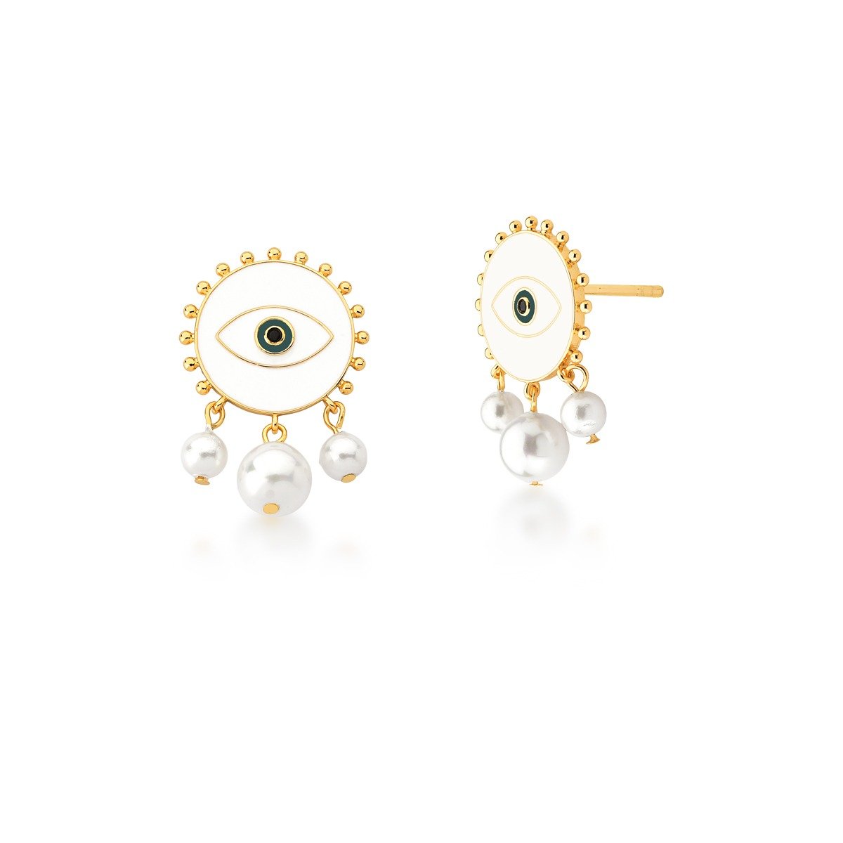 Brinco Olho Grego com Pérolas Semijoia Banhado a Ouro 18K Hera Branco 1