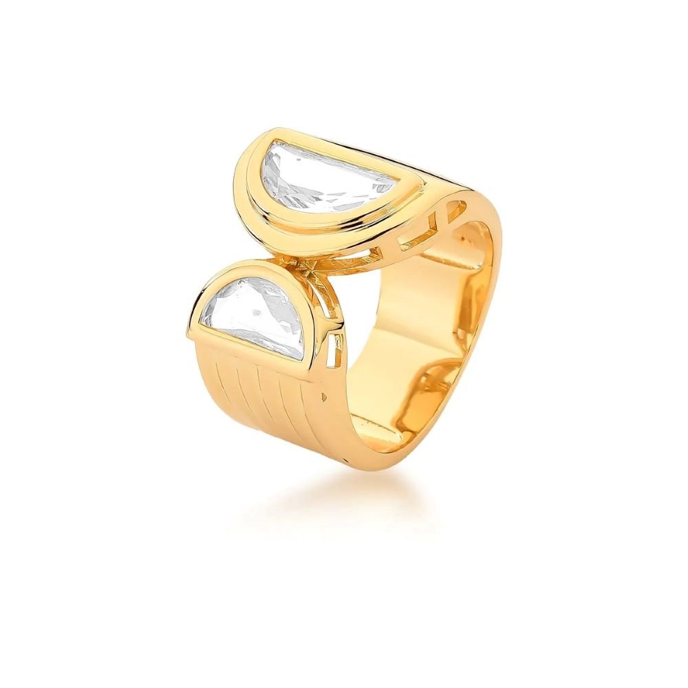 Anel Ajustável com Cristal Duplo Semijoia Banhada a Ouro 18k Ania Store Dourado 1