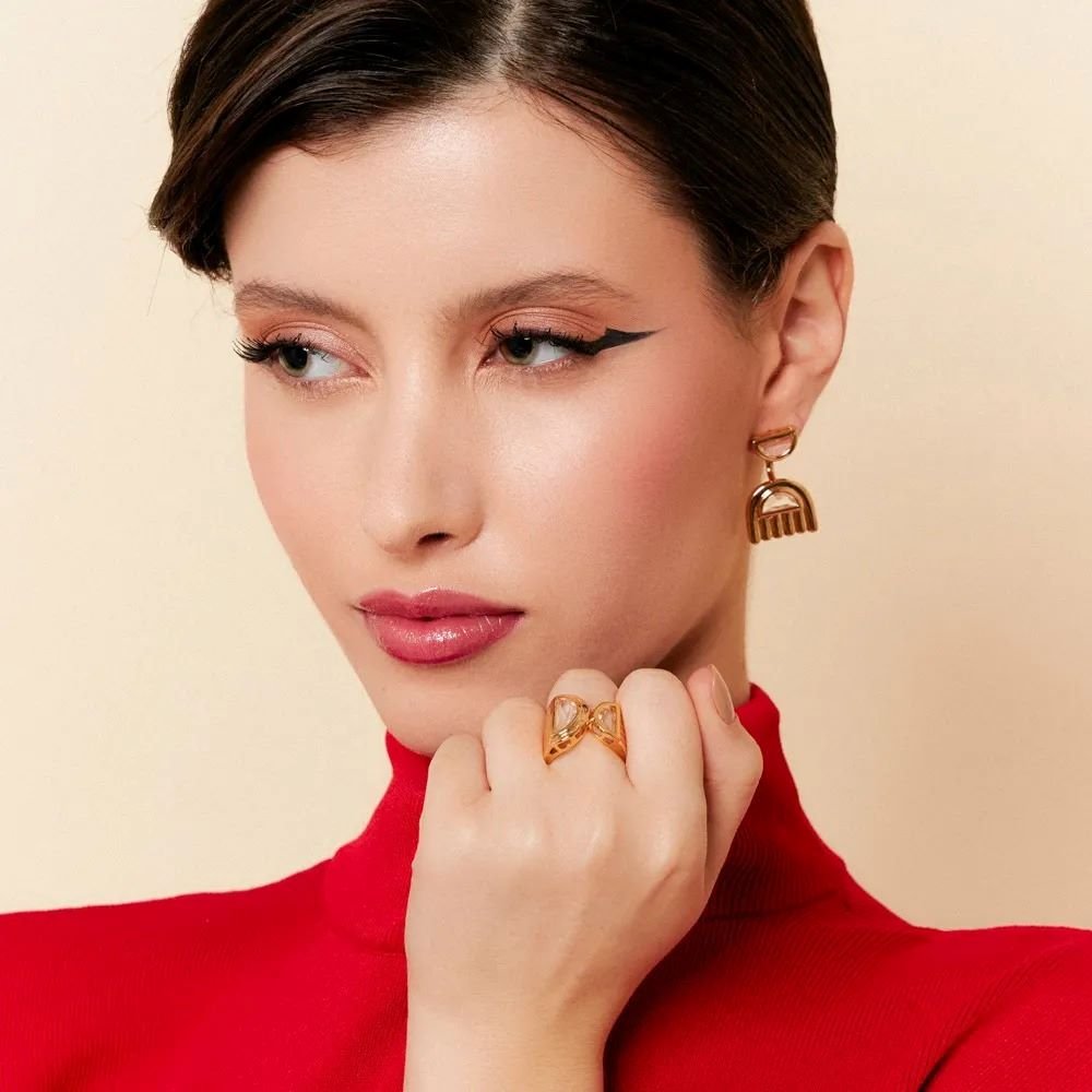 Anel Ajustável com Cristal Duplo Semijoia Banhada a Ouro 18k Ania Store Dourado 3