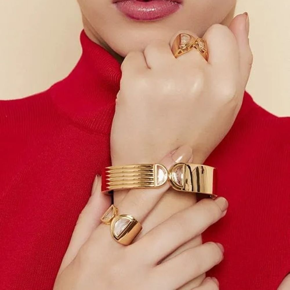 Anel Ajustável com Cristal Duplo Semijoia Banhada a Ouro 18k Ania Store Dourado 4