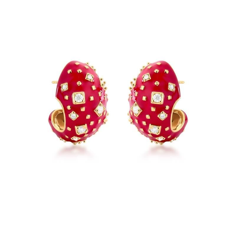 Brinco Meia Argola Vermelho Esmaltada com Cristais Semijoia Banhada a Ouro 18K Vermelho 1