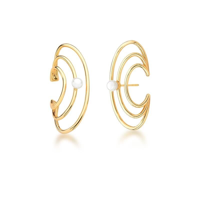 Brinco Curvo Aros M com Pérola Shell Semijoia Banhada a Ouro 18K Atena Dourado 1