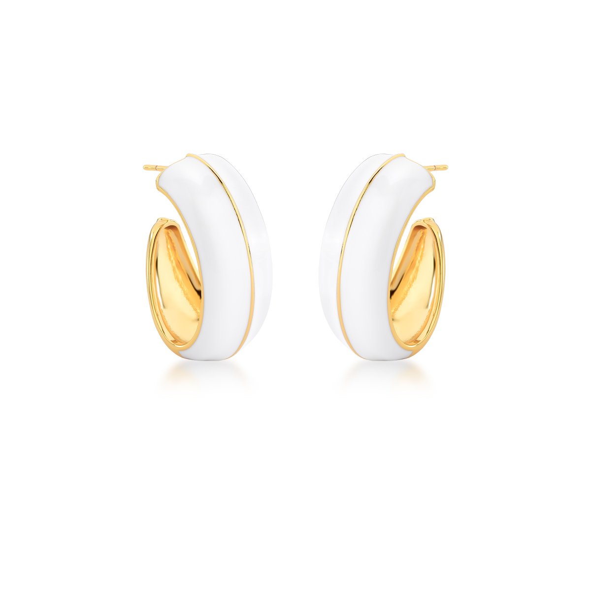 Brinco Argola Oval Esmaltado Branco Semijoia Banhado a Ouro 18K Gal