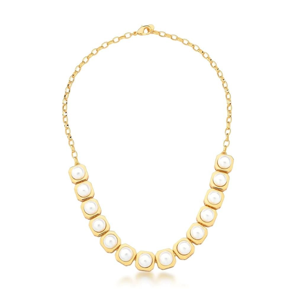 Colar Detalhes Quadrados com Perolas Semijoia Banhada a Ouro 18K Ania Store Dourado 1