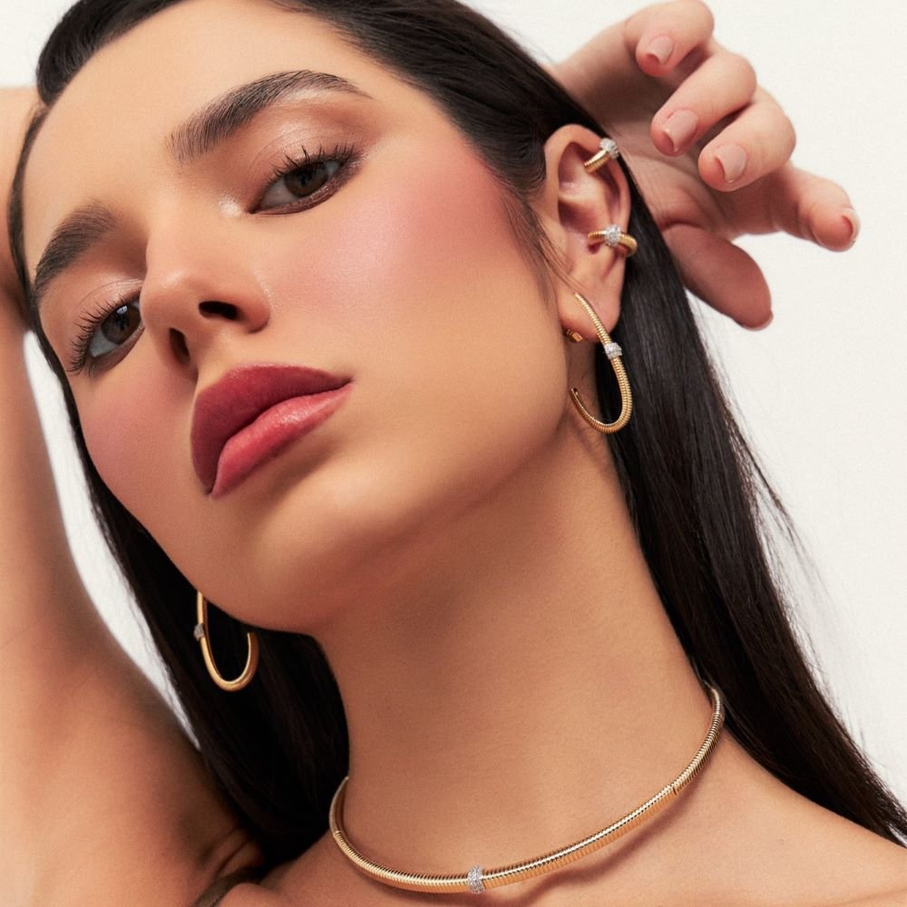 Brinco Meia Argola Texturizada Cravejada Semijoia Banhado a Ouro 18K Ania Store Dourado 3