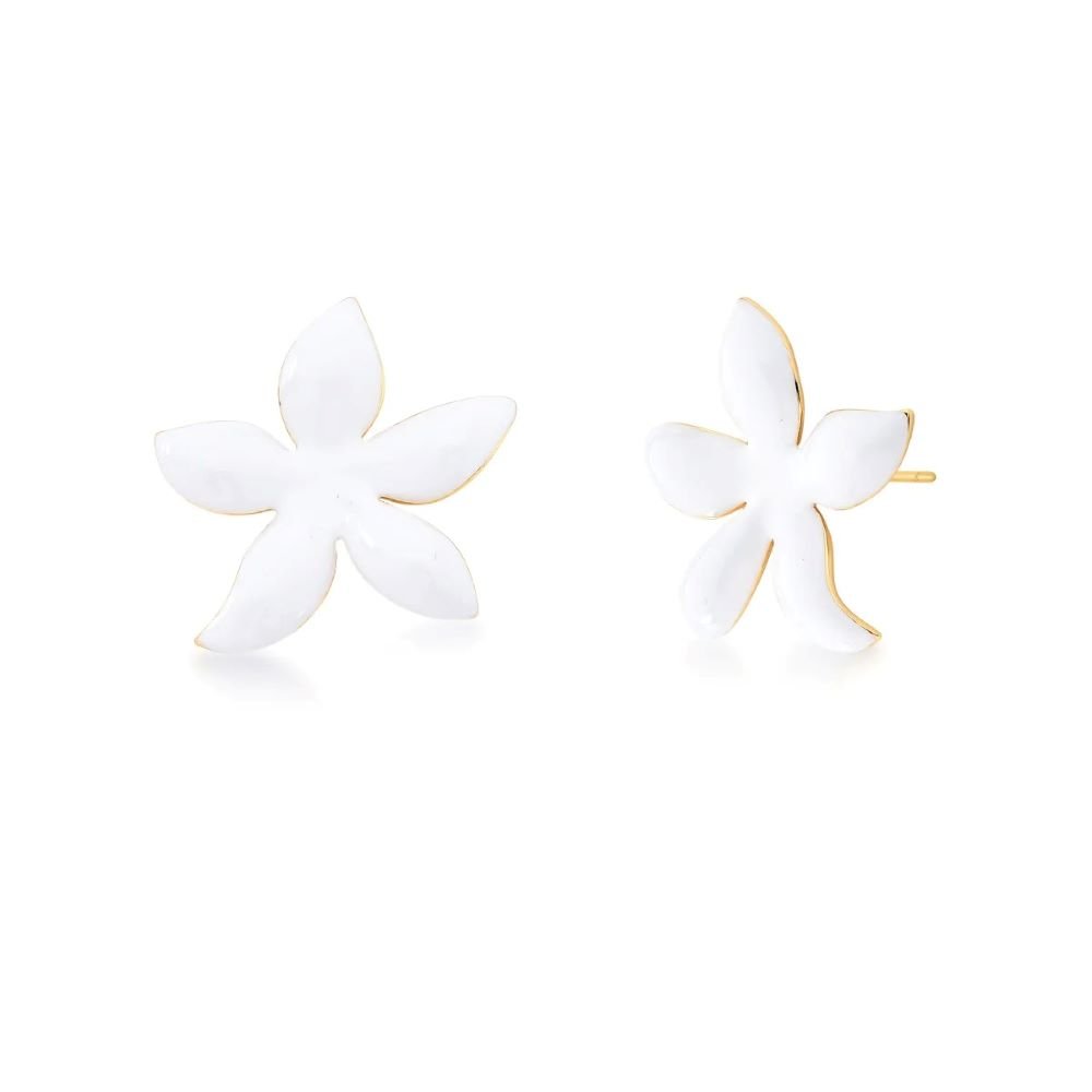 Brinco Flor Esmaltado Branco Semijoia Banhada a Ouro 18k Ania Store Dourado 1