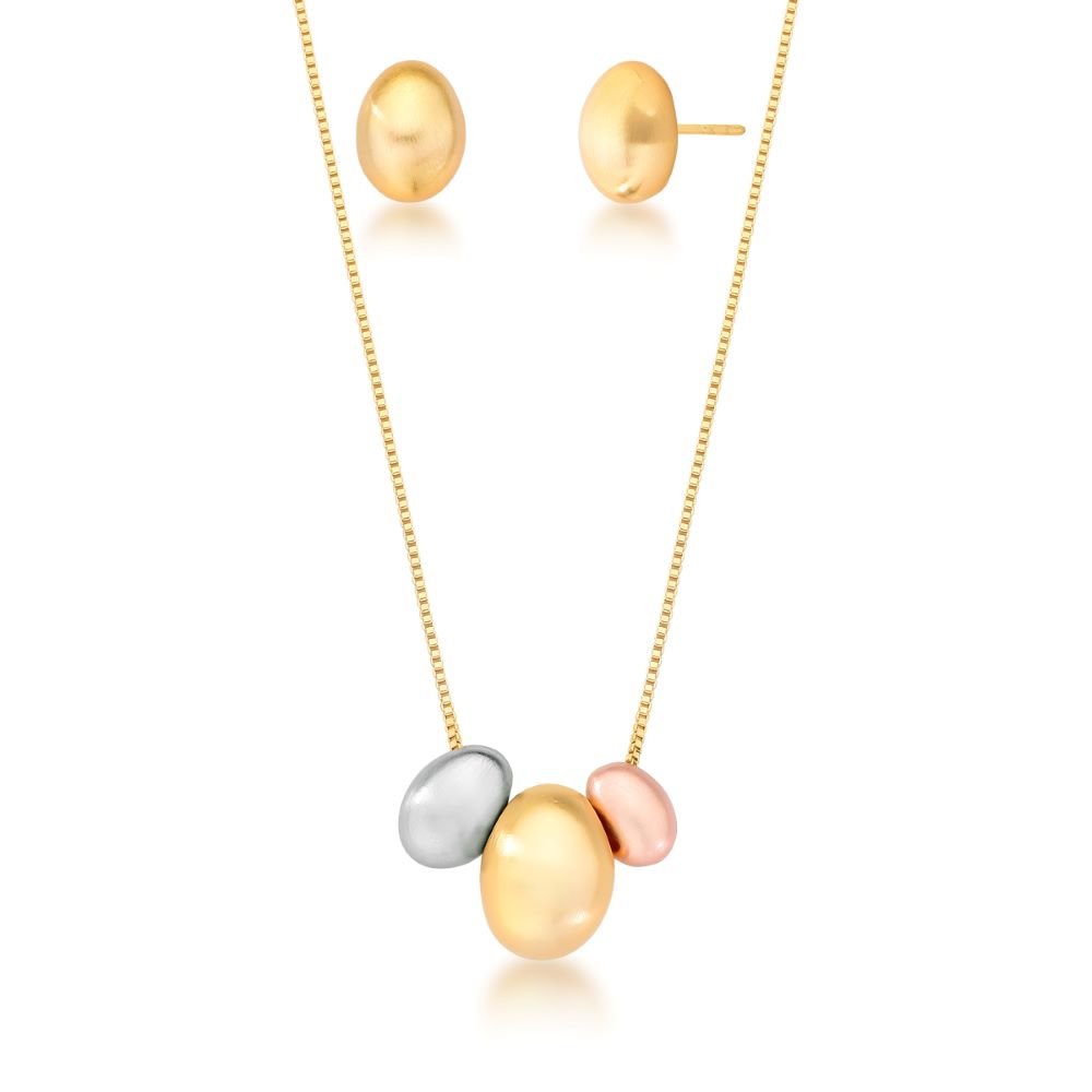 Conjunto Acetinado Oval Brinco + Colar em 3 Banhos Semijoia Ania Store