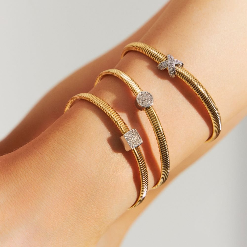 Pulseira Aço Maleável com Pingente Quadrado Cravejado Dourada Ania Store Dourado 2