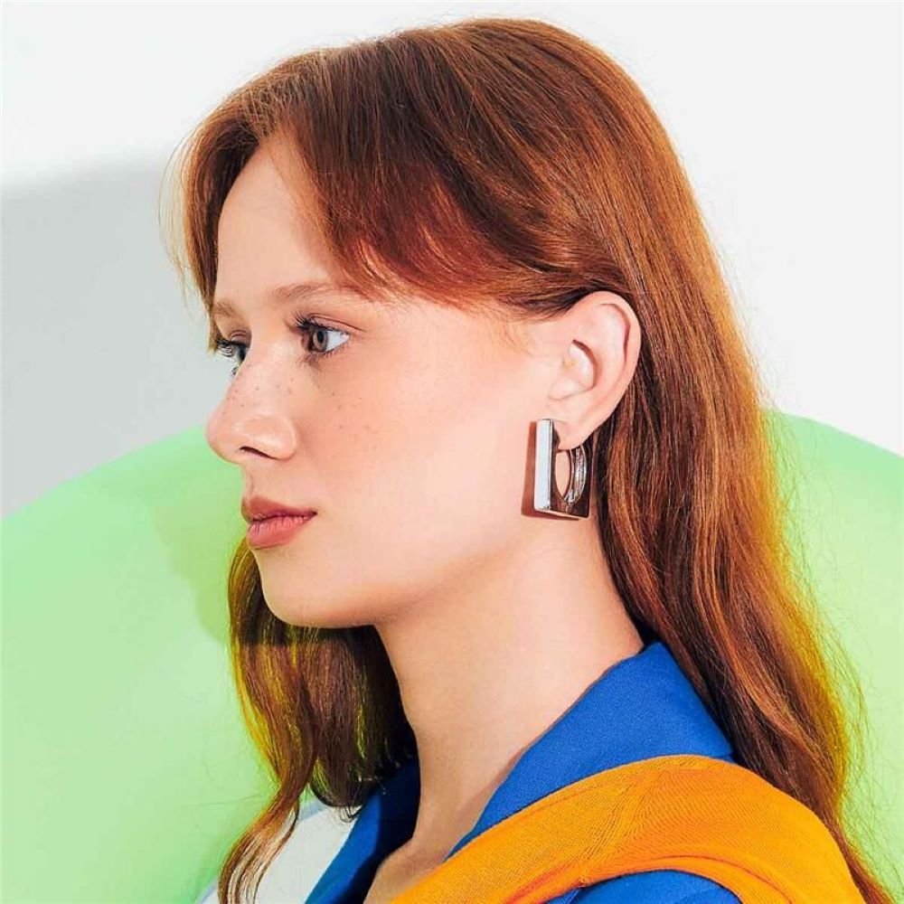 Brinco Argola Quadrado Liso Semijoia Banhado a Ródio Ania Store Prata 2