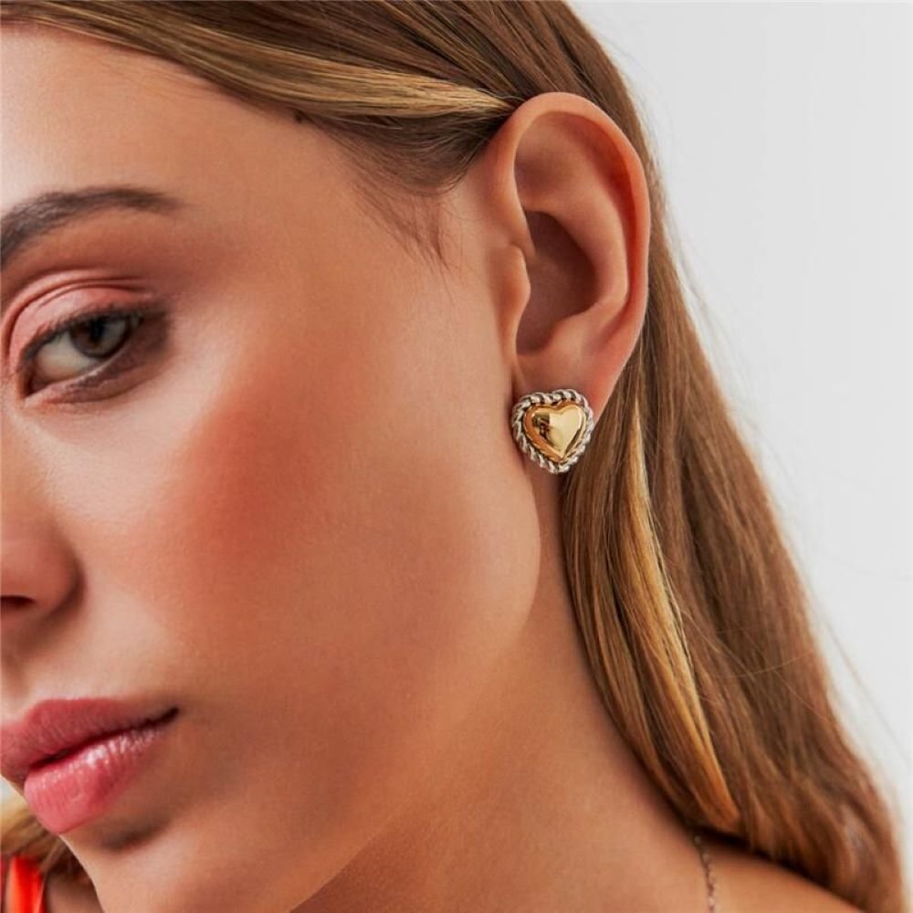 Brinco Coração Dois Banhos Ouro 18K e Ródio Semijoia Ania Store Dourado 2