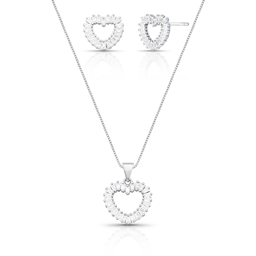 Conjunto Coração Brinco + Corrente com Pingente em Prata Cravejada Semijoia Ania Store