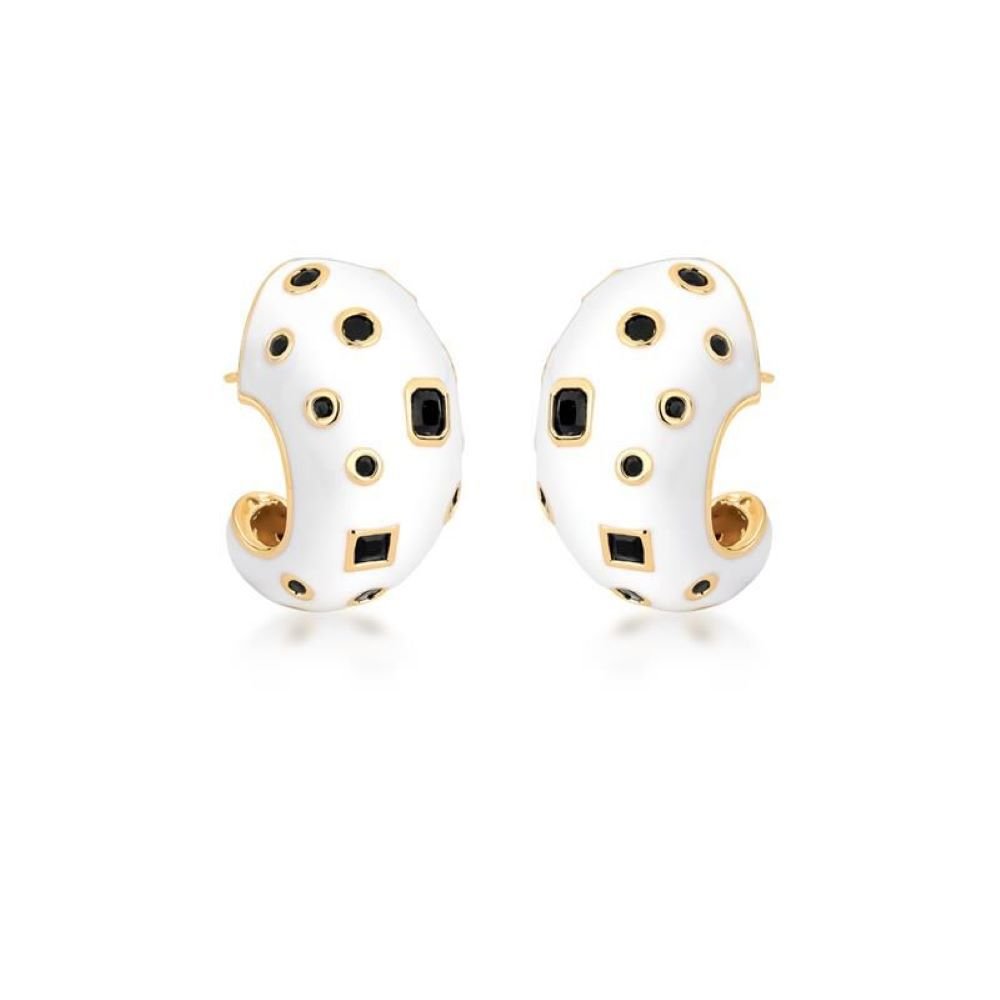 Brinco Argola Vírgula Esmaltado Branco com Detalhes de Cristal Colorido Banhado a Ouro Semijoia Ania Store Branco 1
