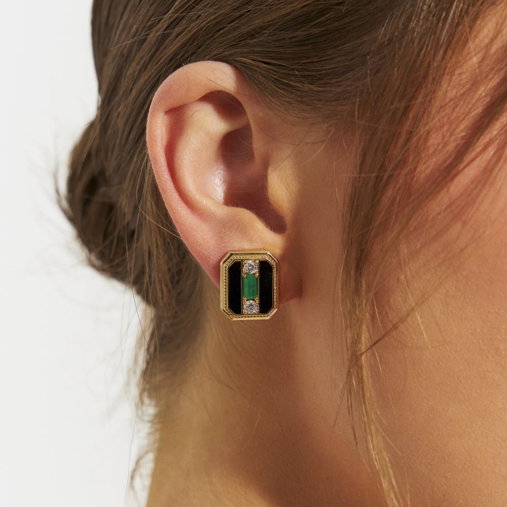Brinco Quadrado Esmaltado Preto com Detalhes de Cristal Verde e Zircônia Banhado a Ouro Semijoia Ania Store Dourado 2
