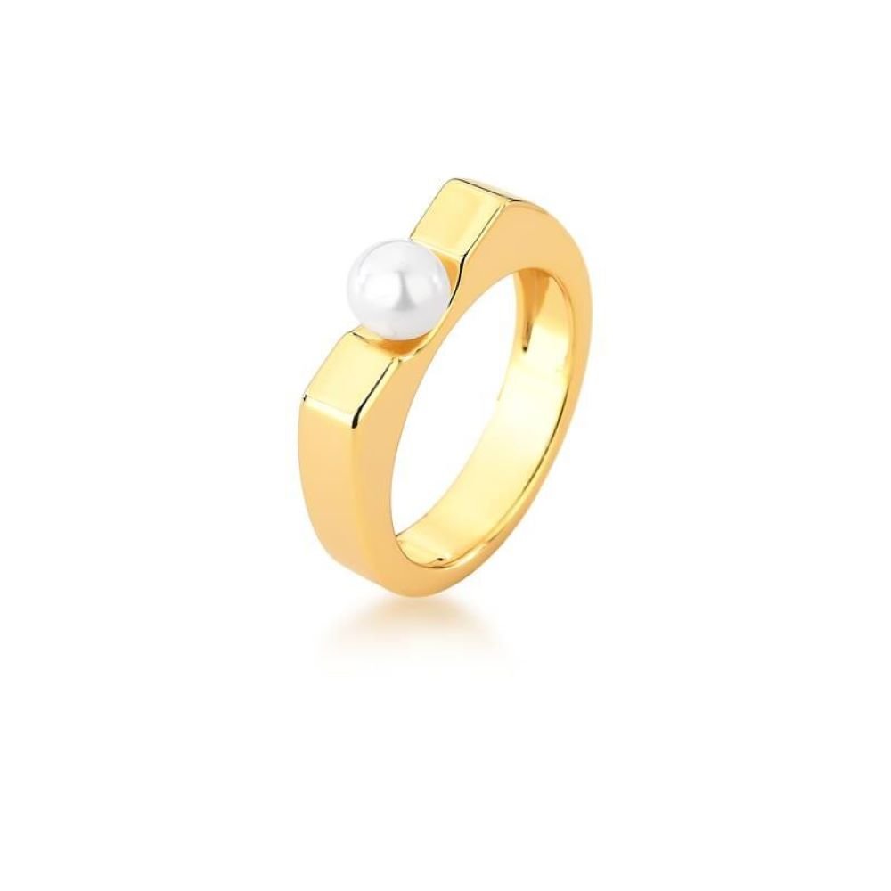 Anel Aro Liso com Detalhe Mini Pérola Shell Banhado a Ouro 18K Semijoia Ania Store Dourado 1