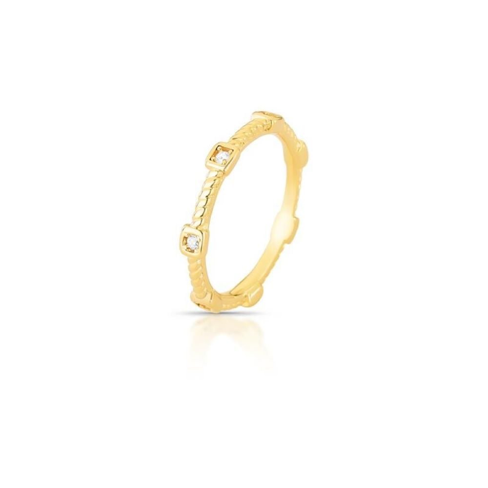 Anel Delicado com Detalhes Quadrados Cravejados Zircônia Banhado a Ouro 18K Semijoia Ania Store Dourado 1