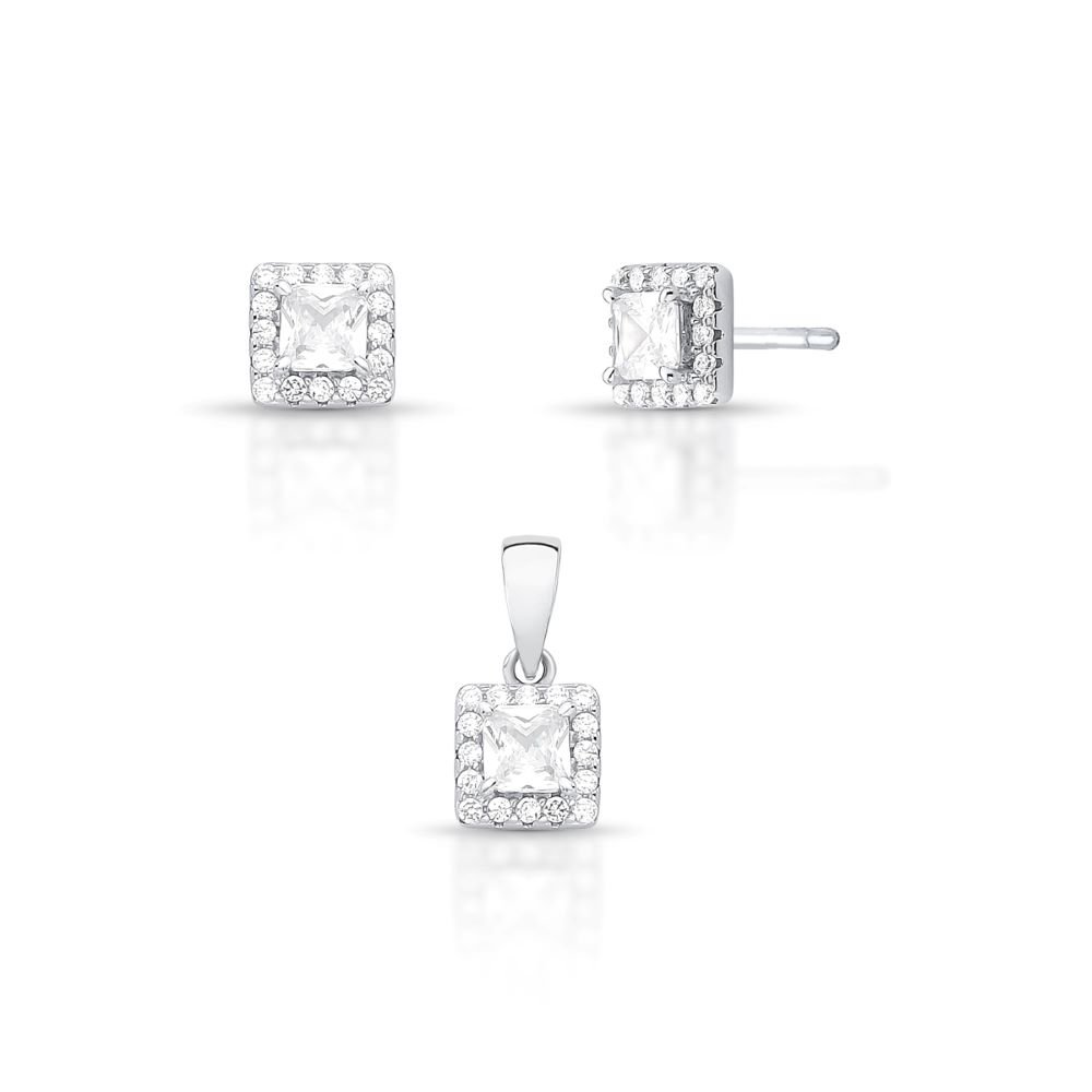 Conjunto em Prata Brinco Quadrado + Colar Cravejado Semijoia Ania Store