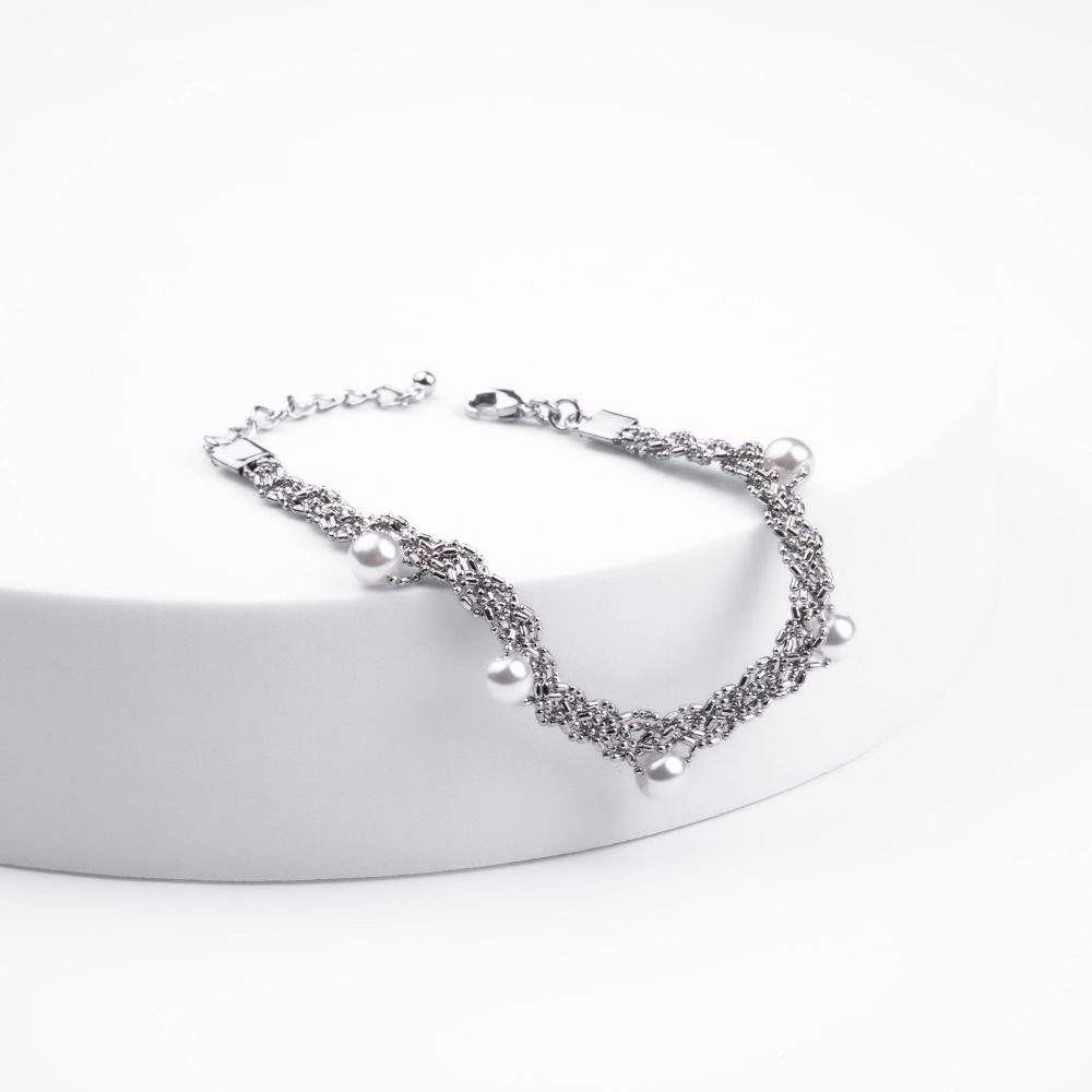 Pulseira Malha Rendada com Pérolas Semijoia Banhado a Ródio Ania Store