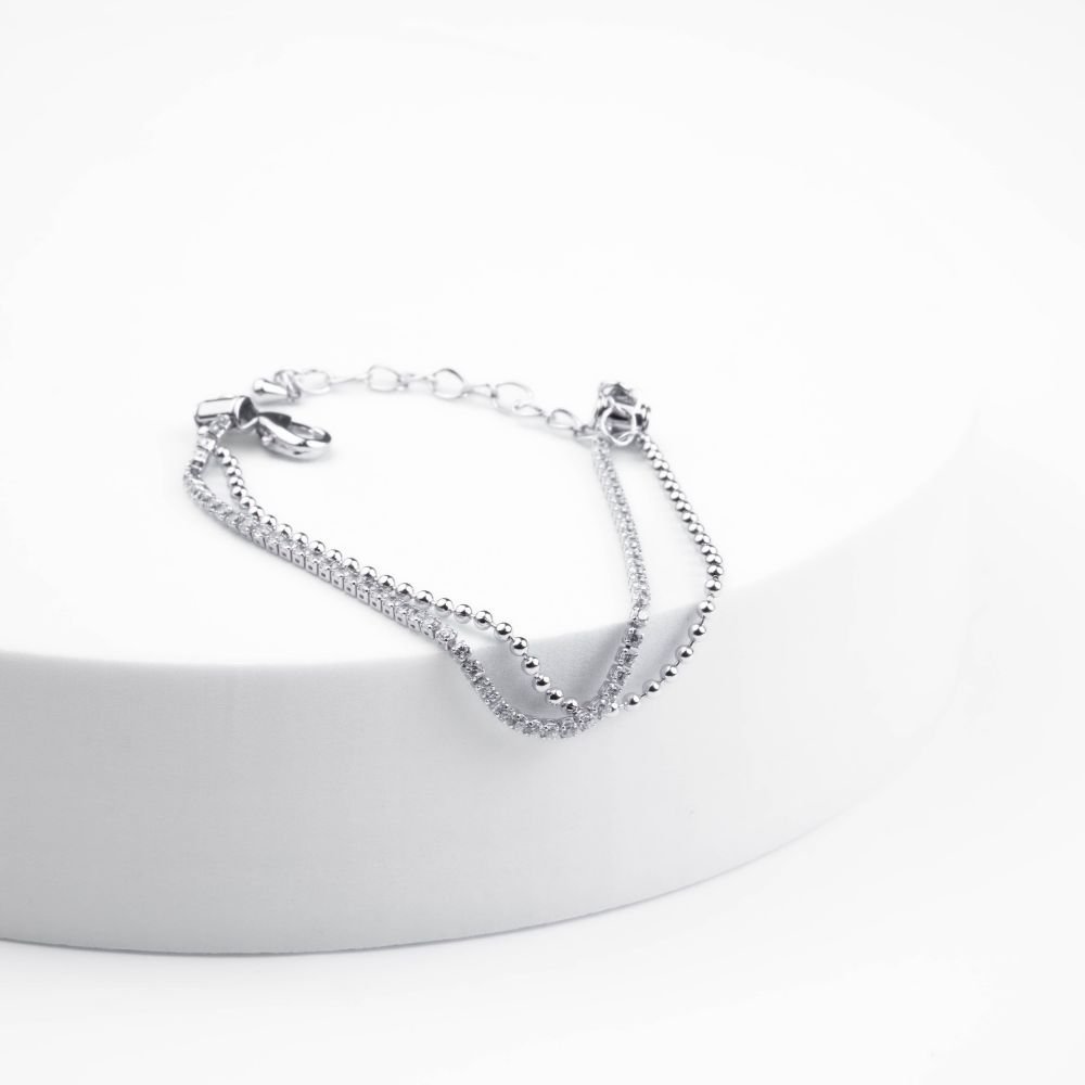 Pulseira Dupla Delicada Riviera e com Bolinhas Semijoia Banhado a Ródio Ania Store