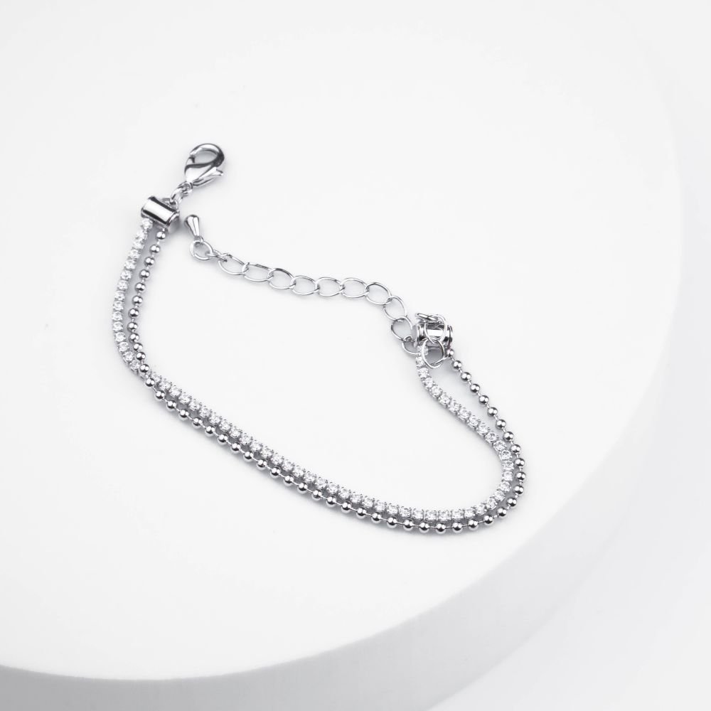 Pulseira Dupla Delicada Riviera e com Bolinhas Semijoia Banhado a Ródio Ania Store Prata 3