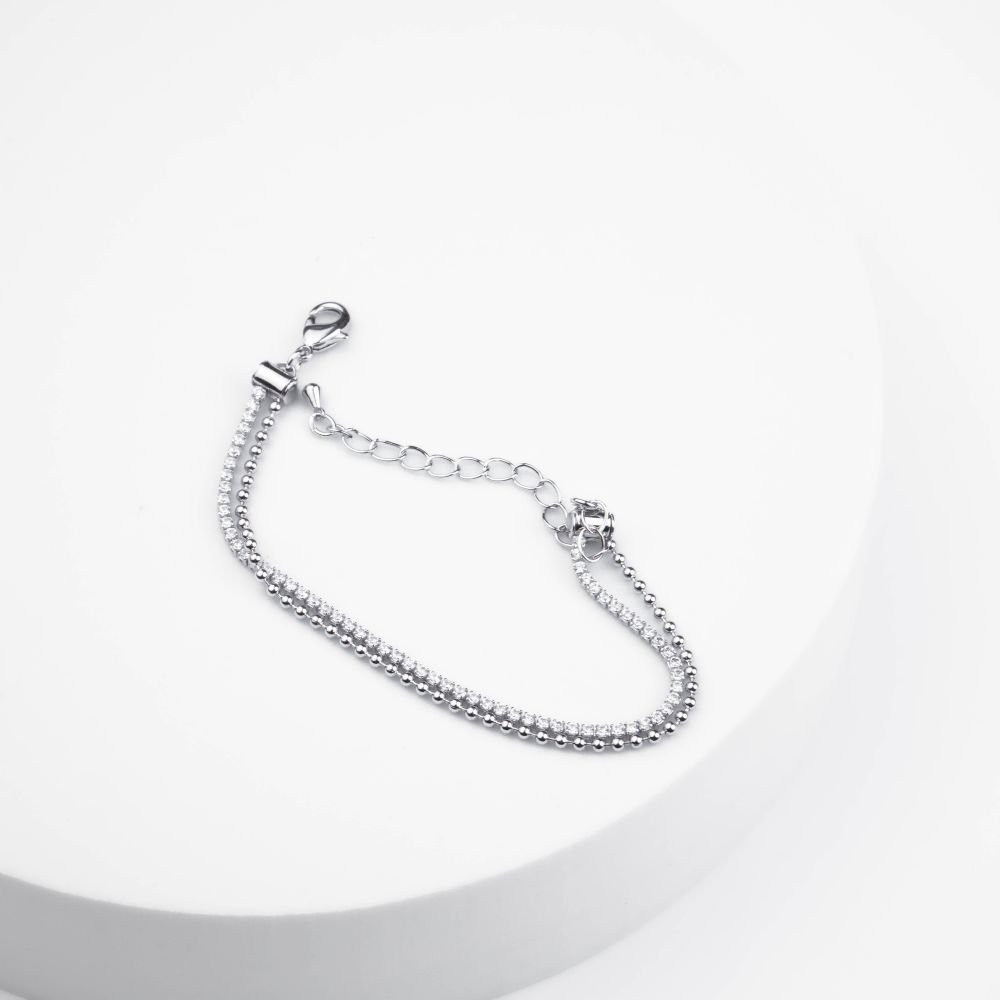 Pulseira Dupla Delicada Riviera e com Bolinhas Semijoia Banhado a Ródio Ania Store Prata 4