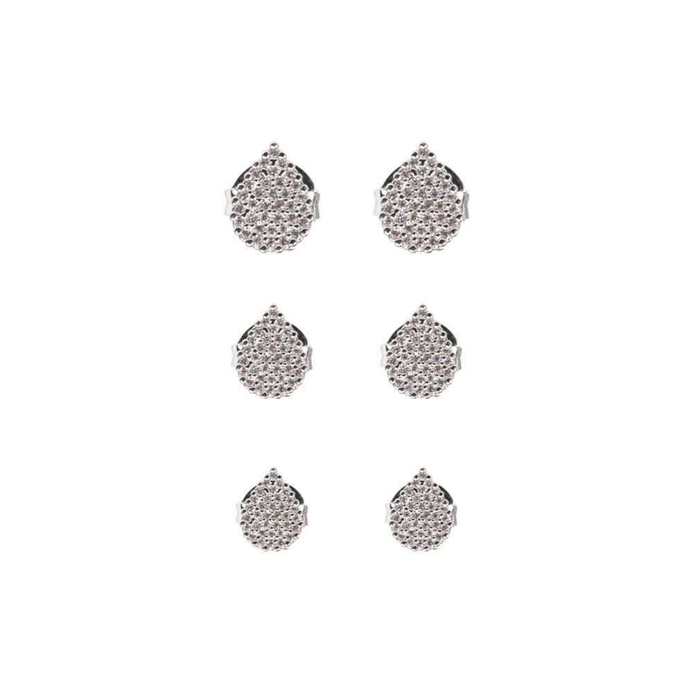 Trio de Brincos Mini Gotas Prata Cravejado Semijoia Banhado a Ródio Ania Store